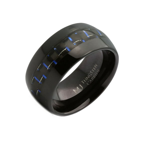 Tungsten Carbide 10mm Black Plated Band With Black and Blue Carbon Fiber Inlay Ring Size 8.5