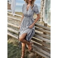 thumbnail image 2 of Women'S Summer Ruffle Puff Sleeve Dress Short Sleeve V Neck High Waist Casual Loose Striped Midi Dresses Grey S, 2 of 6