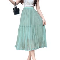 SWSMCLT Women's Pleated Tulle Skirt Calf Length Tulle Fall Spring Flowy Skirt A Line Summer Layered Elegant Green Small-Large
