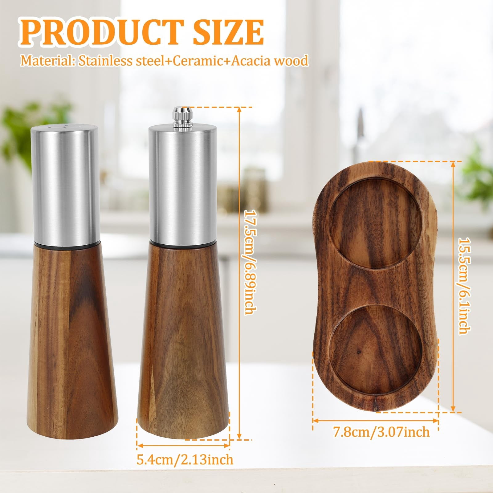 LLDYYDS Salt Shaker and Pepper Bow with Tray Acacia Wood Salt and Pepper Grinder Set Refillable Salt Shaker and Pepper Mill Set