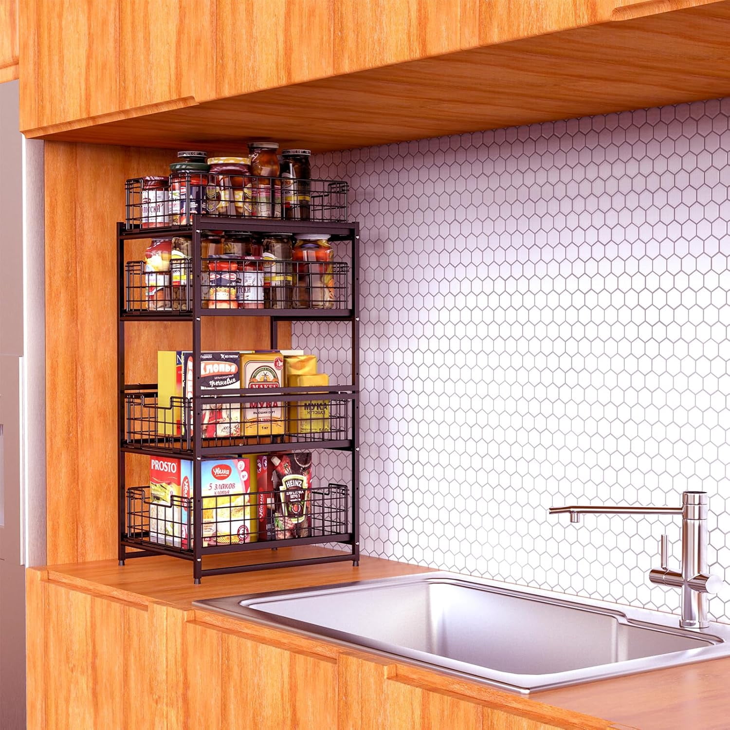 2 Pack Under Kitchen Cabinet Sink Organizer and Storage with Sliding Drawer, Extra Wide 2 Tier Stackable Basket Rack for Kitchen & Bathroom with Larger Capacity Heavy Duty, Bronze