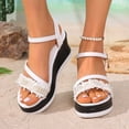 thumbnail image 2 of Rokment Womens Pearl Rhinestones Charms Platform Wedge Dressy Sandals Elegant Leather Chunky High Heels Bride Wedding Fashion Casual Dress Summer Shoes White Size 8.5, 2 of 6