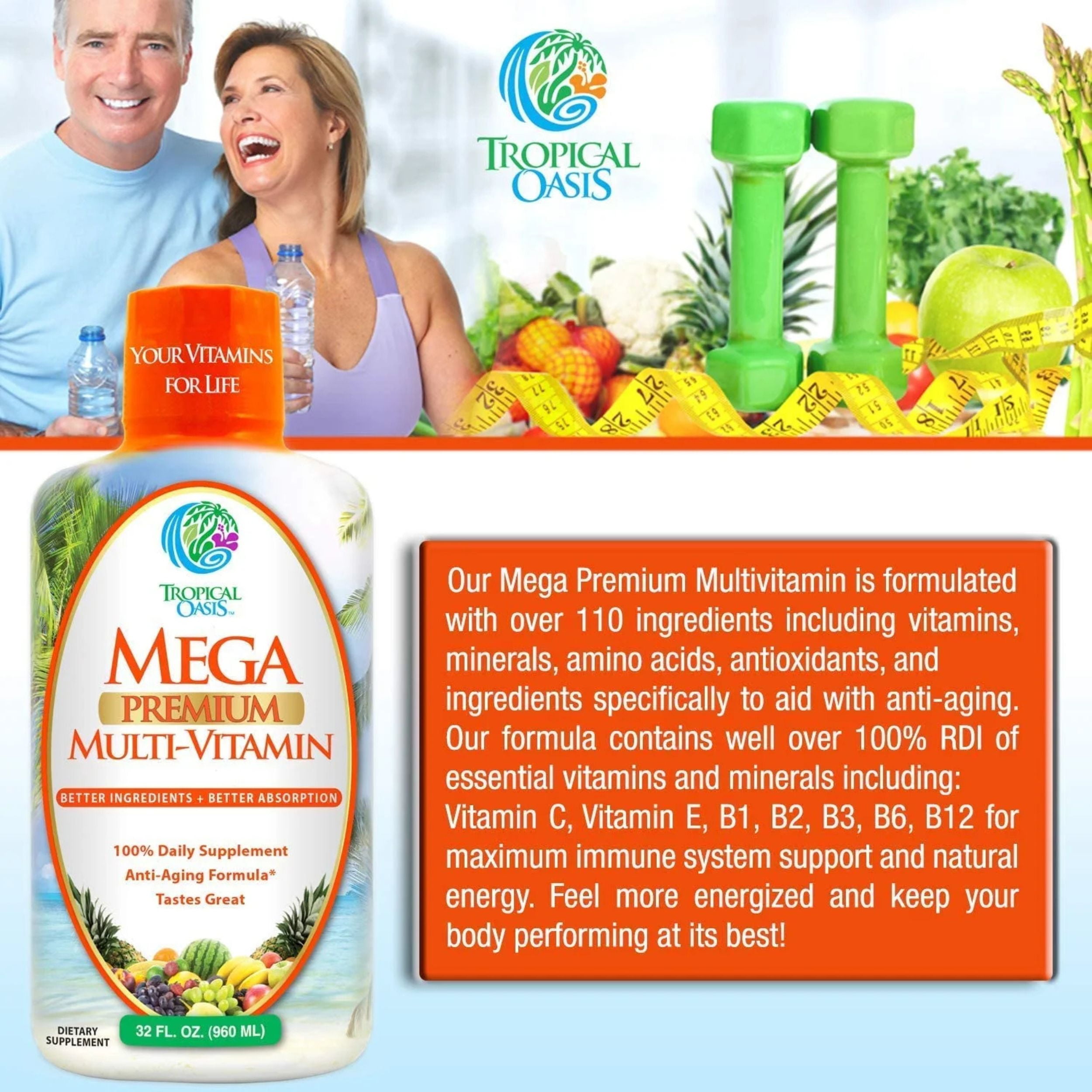 Tropical Oasis Mega Multivitamin, Advanced Liquid Vitamin Supplement with over 80 Vitamins, Minerals and Amino Acids, Tropical Blast Flavor, 32 fl Oz, 32 Servings