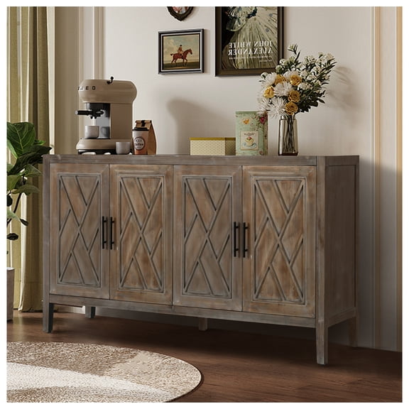Modern Farmhouse Accent Cabinet, 60" Buffet Console Table, 4 Doors, Adjustable Shelves, Antique Brown Finish