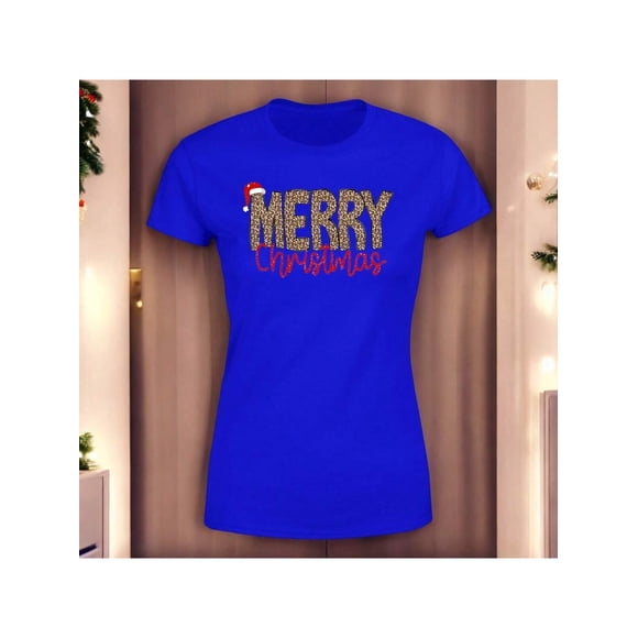 Playera Blusa Con Estampado Merry Christmas Estilo Animal Print Ropa Para Mujer Color Azul Talla Grande Marca Emil SaEs