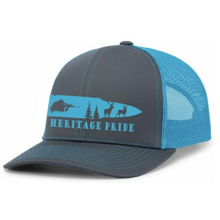 Heritage Pride Hunting Outdoors Scenic Bullet Shooting Mens Embroidered Mesh Back Trucker Hat Charcoal/Neon Blue