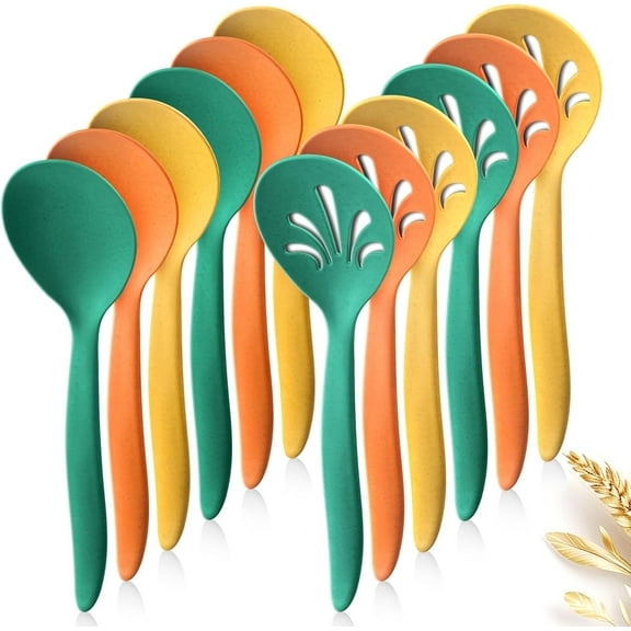 8 Pack 10" Large Reusable Plastic Wheat Straw Serving Spoon Set, 4 Serving Spoons & 4 Slotted Spoons, Kitchen Mixing Serving Spoon for Buffet Chafing Dish Catering (White, Not for Cooking)