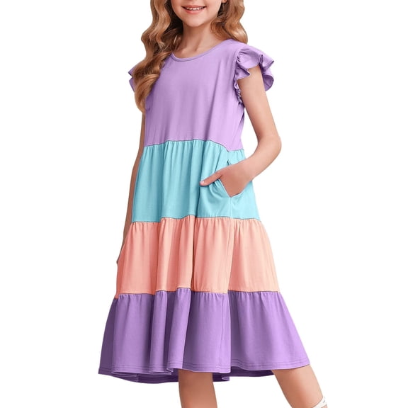 Arshiner Girls Dress Summer Flutter Sleeve Flared Tiered Swing Pleated Midi Cotton Casual Sundress with Pockets