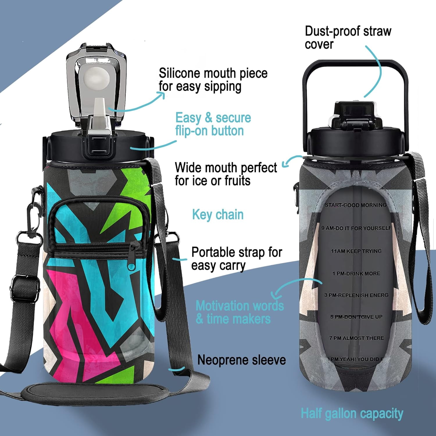 Tribal Maze Half Gallon Water Bottle with Sleeve 1/2 Gallon Water Bottle 64 Oz Water Bottle with Time Marker, Motivational Water Bottle Half Gallon Water Bottle with Straw for Women Gym Yoga Pregnance