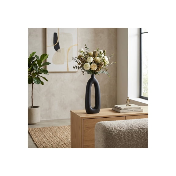 Hollow Oval Cutout Vase for Living Room Decor - Modern Ceramic Flower Vase For Home, Bedroom Vanity, House, and Office Table Decor - Accent Display for Dining Centerpiece and Console - 15", Black