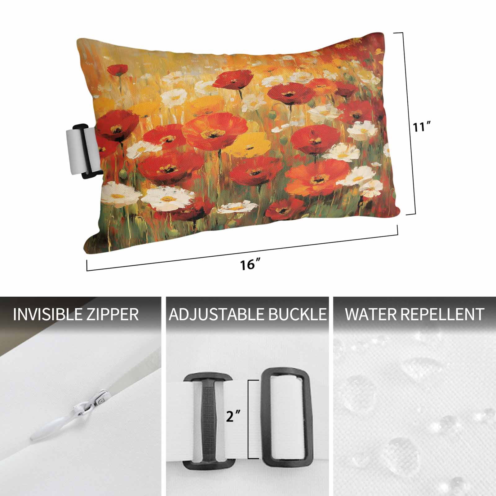 Retro Floral Outdoor Chaise Lounge Pillows Red White Poppy Flowers Lawn Oil Painting Lumbar Pillows with Insert Adjustable Elastic Strap Headrest Pillow for Recliner Patio Chair 2 Pack 11x16 Inch