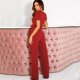 thumbnail image 5 of Gibobby pantalones siameses de pierna ancha Pantalones de manga corta con cuello en V de color sólido para mujer con correa en la cintura de temperamento de verano(Rojo， XXL), 5 of 5