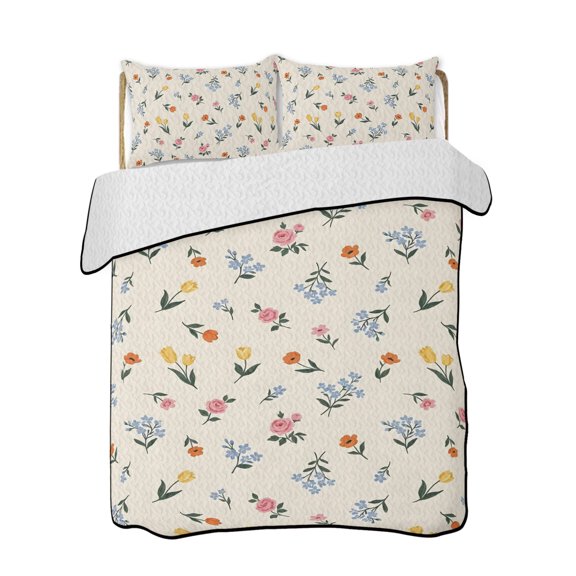 Quilt King Size Bedding Set, Pink Floral Reversible Summer Quilt 3 Pieces, Spring Botanical Wildflowers Summer Lightweight Bedspreads Coverlets with 2 Pillow Shams for All Seasons