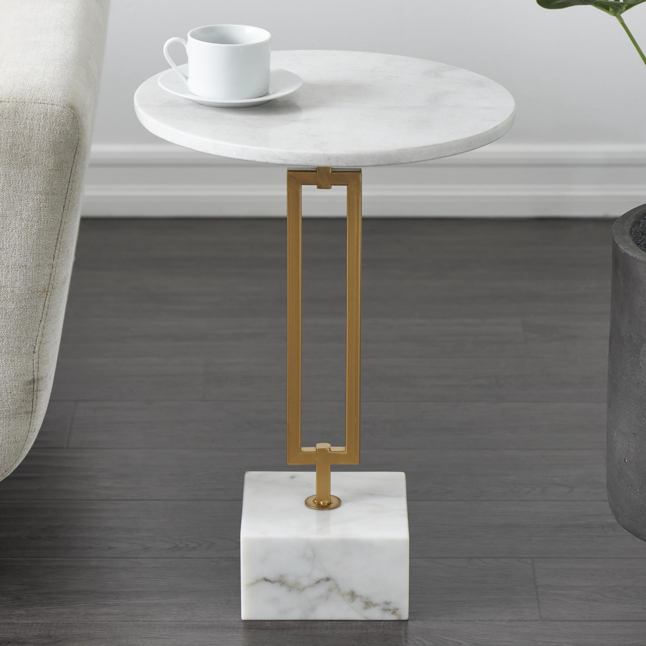 DecMode 16" x 23" White Marble Geometric Accent Table with Gold Metal Rectangular Stand, 1-Piece