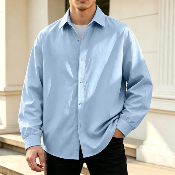 LEKWK Dress Shirt for Men Long Sleeve Button Down Collared Casual Work Shirt Loose Fit Lightweight Breathable Classic Streetwear Top for Everyday Blue L