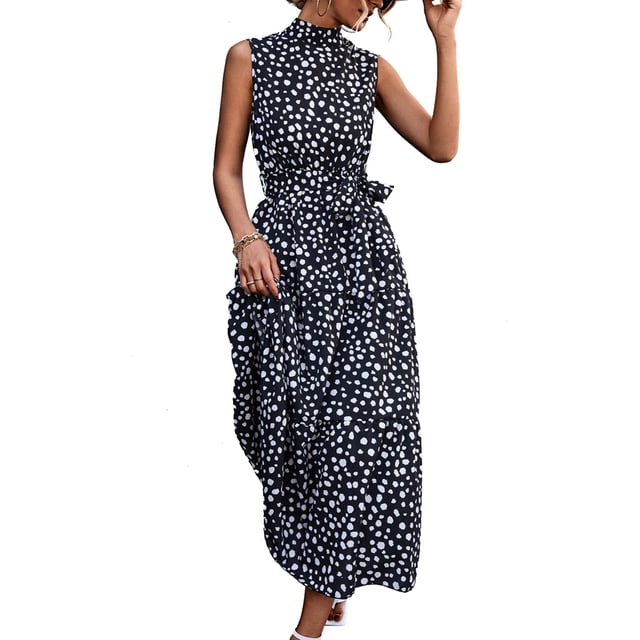Vestido elegante de lunares sin mangas con cinturón, cuello alto y largo midi para mujer, color negro, talla XL, elegante y de verano