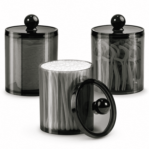 3 Pack Black Apothecary Jars with Lids, Cotton Swab Holder and Cotton Ball Dispenser, Bathroom Vanity Organizer for Cotton Rounds, Floss Picks and Makeup Pads