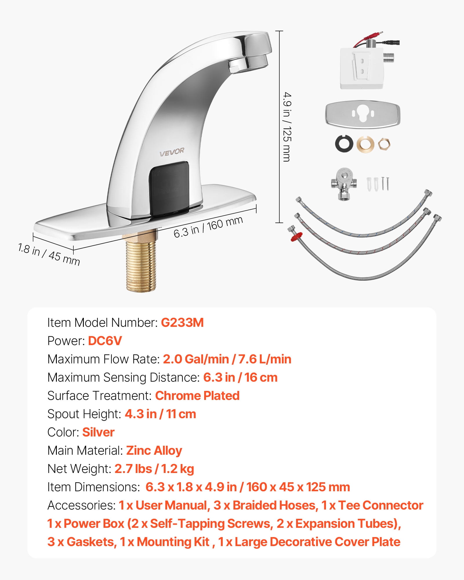 VEVOR Touchless Bathroom Sink Faucet, Automatic Motion Sensor Restroom Toilet Faucet with Hole Cover Plate, Battery Operated,Hot/Cold Water for 9/16 in Pipe Commercial Lavatory,Chrome Plated Silver