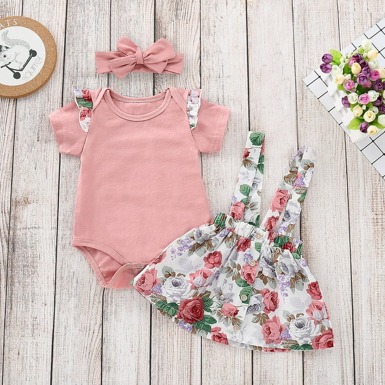 Ma Baby 3PCS Newborn Baby Girls Cotton Romper Floral Strap Skirt