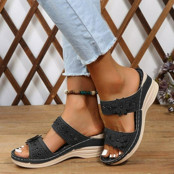 Gspmoly Sandals Slides Women, Women's Fashion Casual Spring New Style Flower Beach Breathable Open-Toe Wedge Sandals Shower Slides Black 43