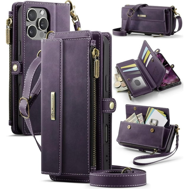 Wallet Case for iPhone 16 Pro – RFID Blocking PU Leather Phone Case with Card Holder, Zipper Pocket, Kickstand, Magnetic Closure, Shoulder & Wrist Strap
