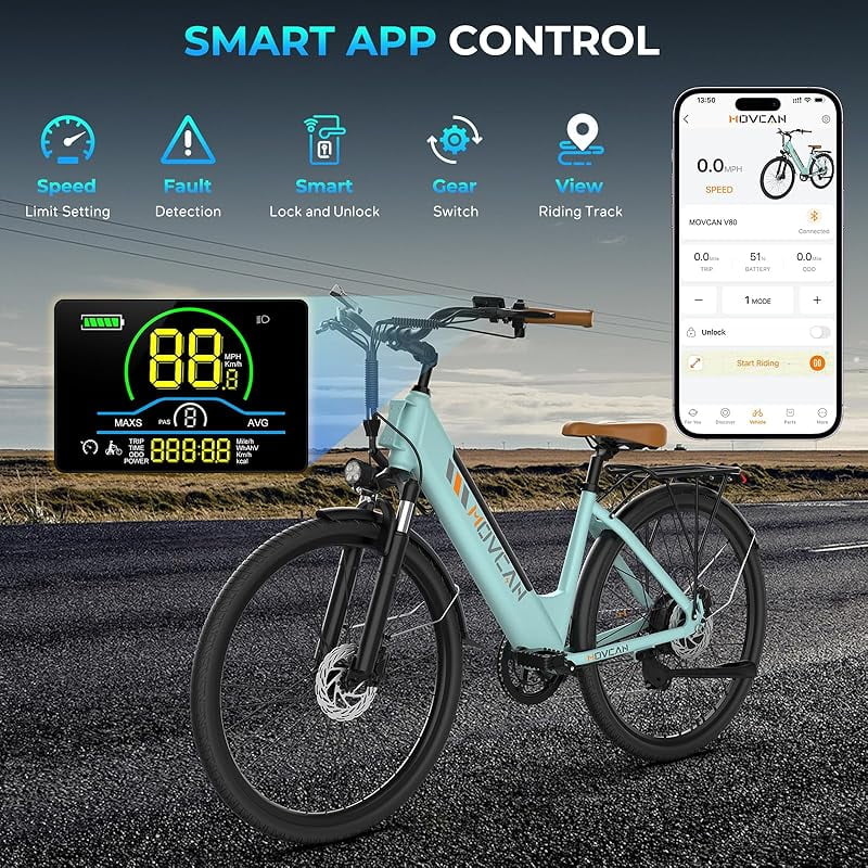 1000W Motor Movcan V80 Electric Bike, 28MPH Ebike, 48V 13Ah Removeable Battery, 26'' Cruiser Adult Electric Bicycles up to 70 Miles