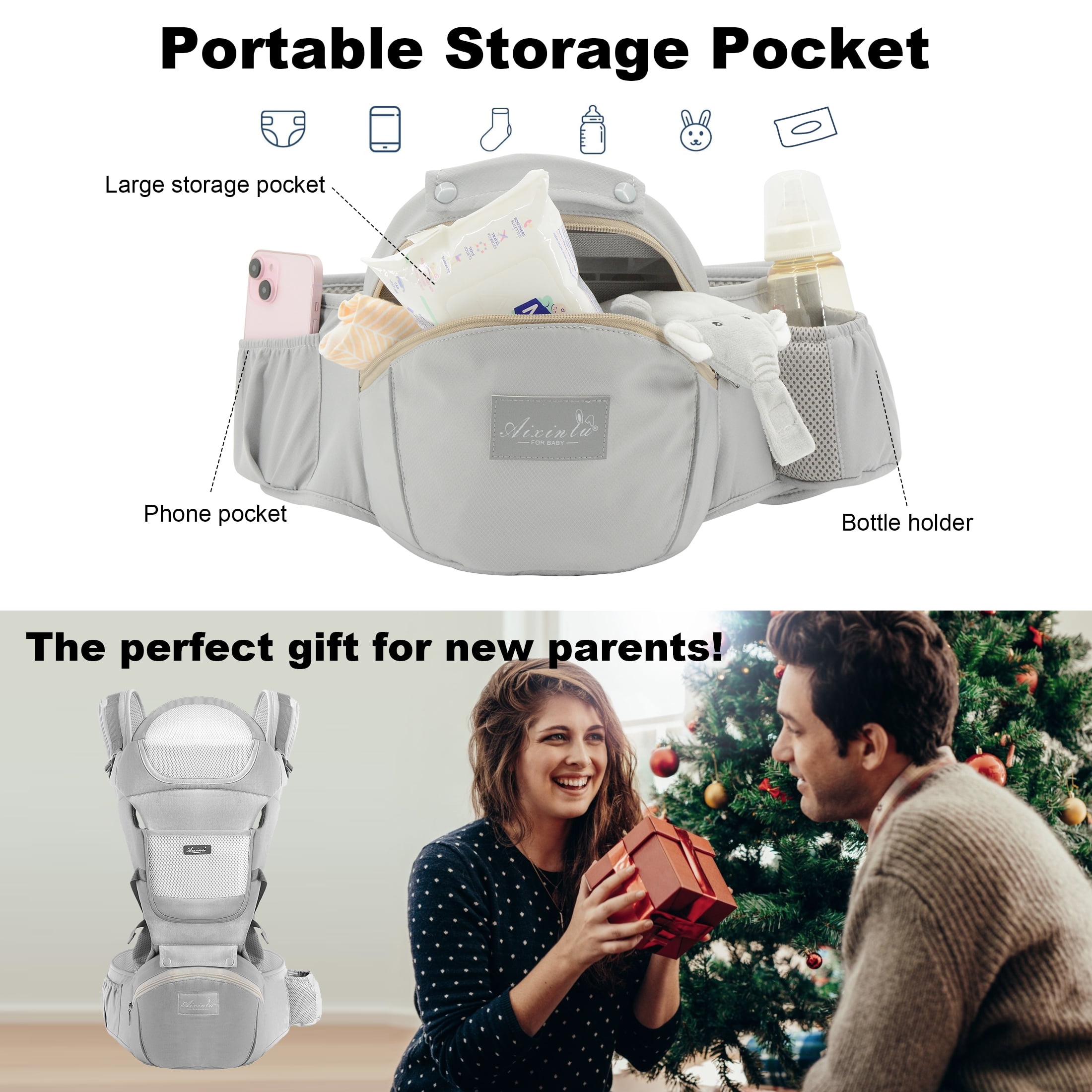 Derstuewe Baby Carrier, Baby Backpack Wrap for Infants Newborn with Hip Seat Lumbar Support , Soft Grey