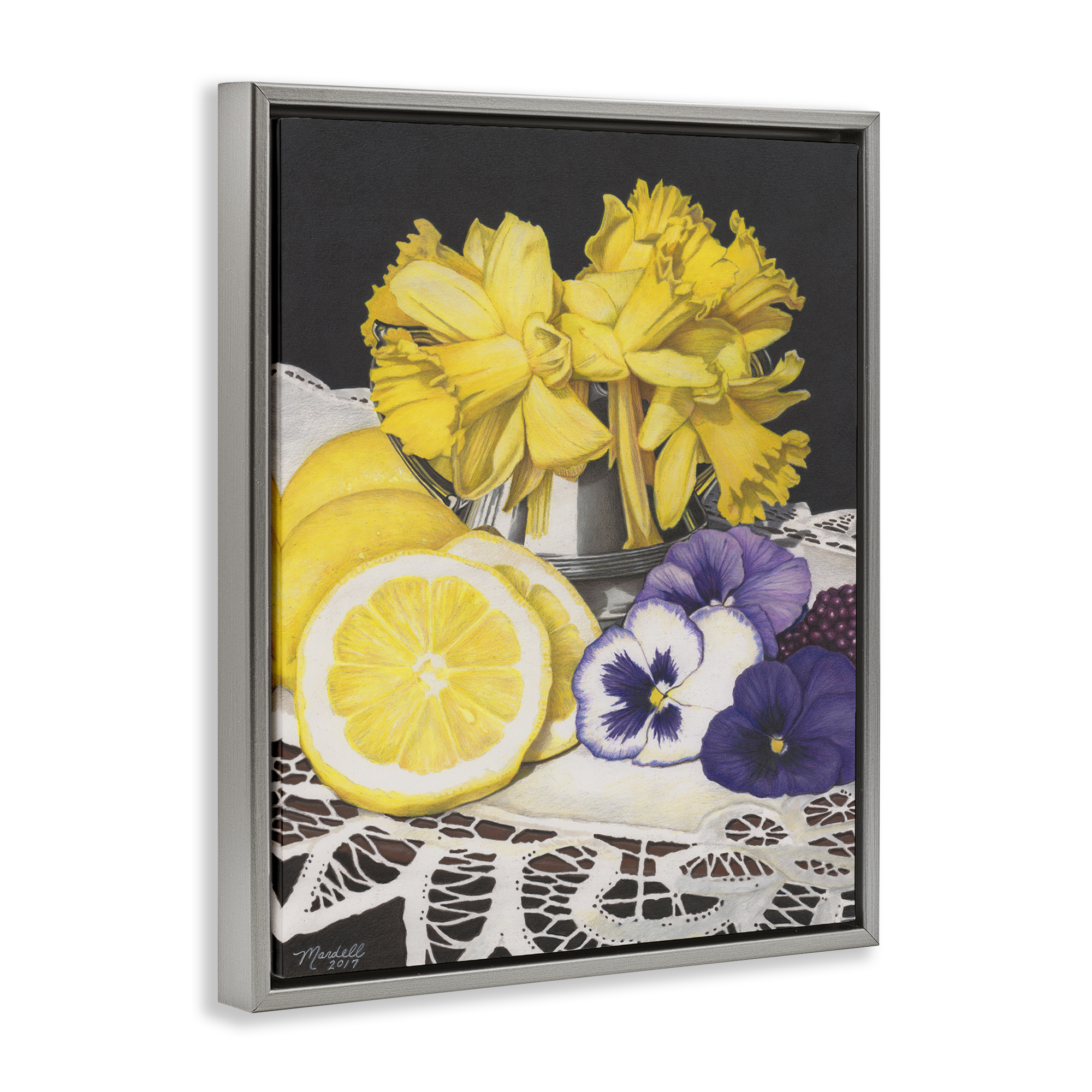 Stupell Industries Daffodils & Lemons Still Life Food & Beverage Painting Gray Floater Framed Art Print Wall Art, 25 x 31