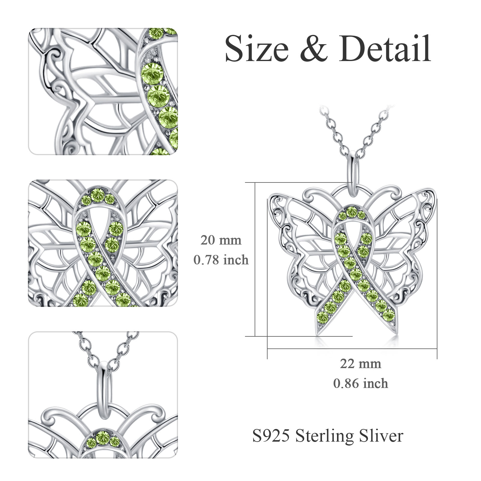 SOULMEET Butterfly Necklace 929 Sterling Silver with Crystal Cancer Survivor Jewelry Gifts for Women