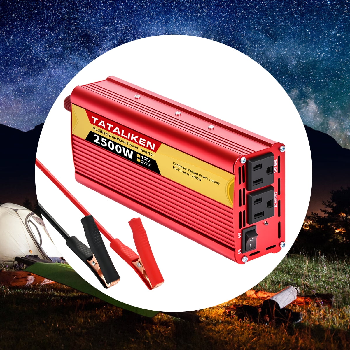 TATALIKEN 2500W（Rating power 1000 W）Power Inverter DC 12V to AC 110V/120V Car Inverter with Battery Clamp Cable 2 AC Outlets for Power Tools Home Vehicles RV Truck,Red
