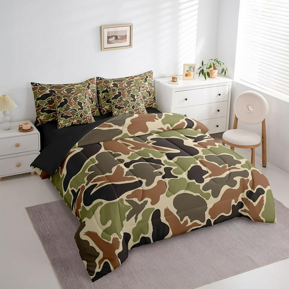 Green Camouflage Hunting 7 Pieces Bedding Set, Twin Size