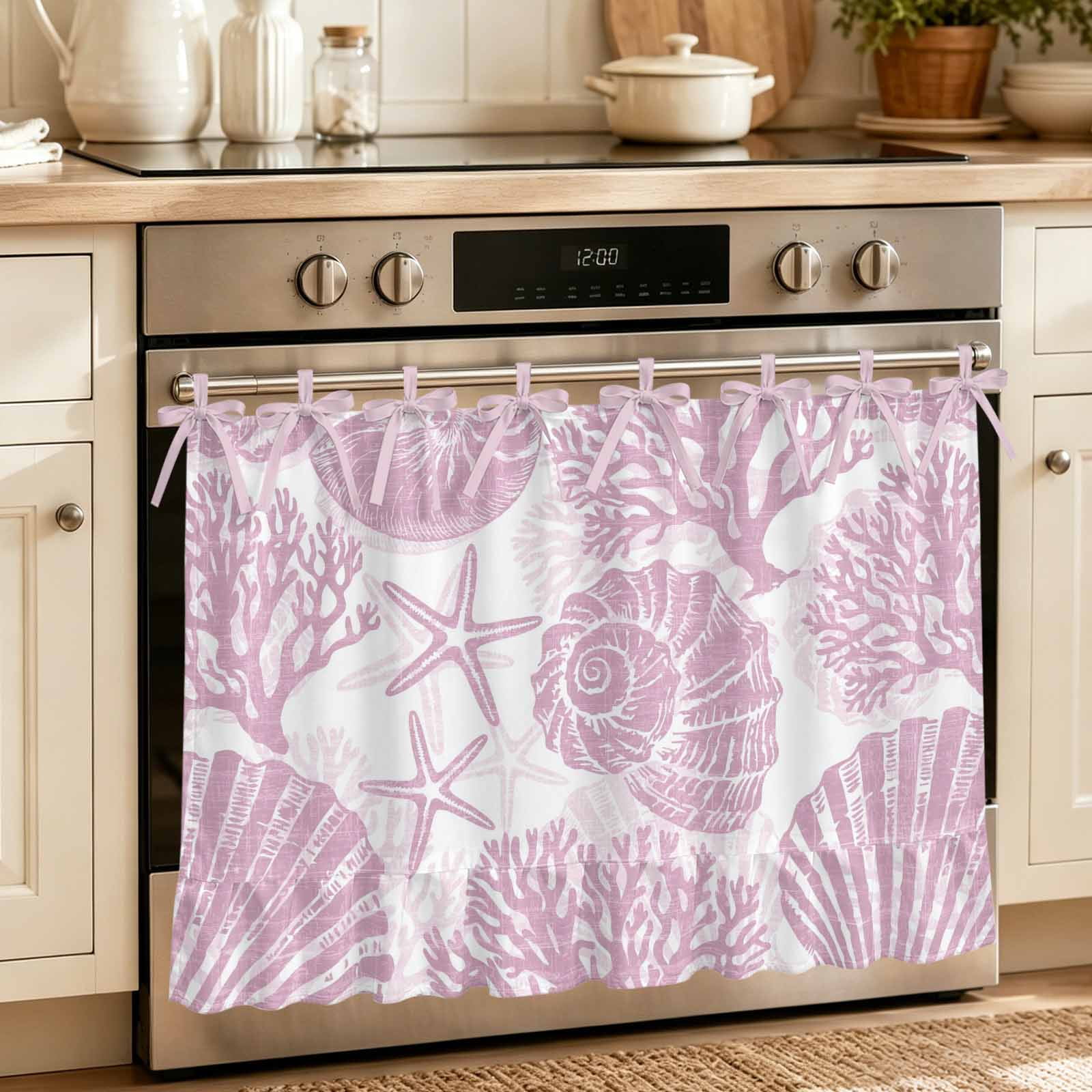 Oven Skirt Curtain for Kitchen 21.5x30 Inch Pink Coastal Oven Curtain with 8 Ribbon Ties & Ruffle Trim Stove Skirt Curtain Dishwasher for Cabinets Sinks Nautical Coral Shell Conch Starfish Summer