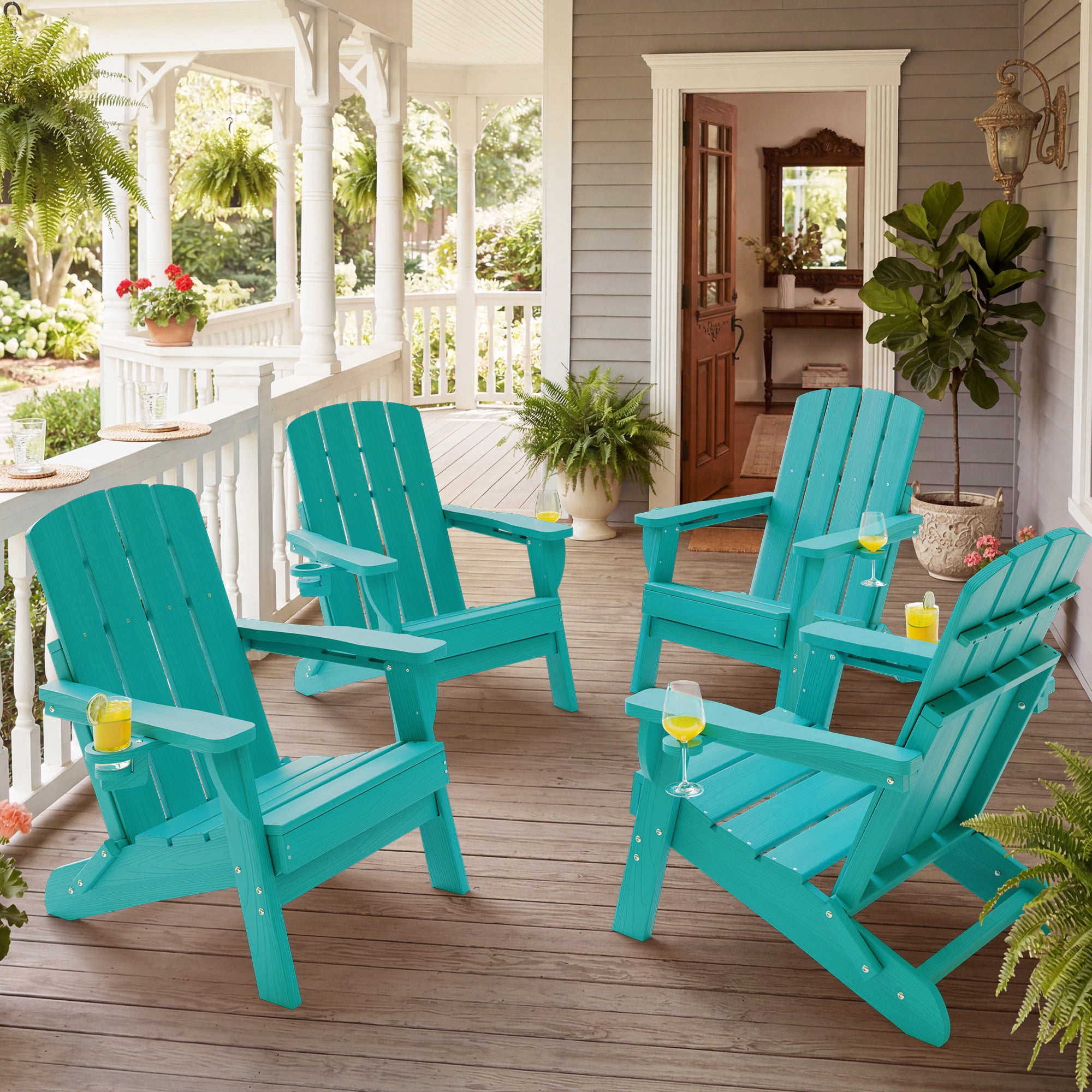 Adirondack Chair Set of 4, Outdoor Folding All-Weather HDPE Adirondack Chairs with 2 Cup Holders for Patio, Aqua