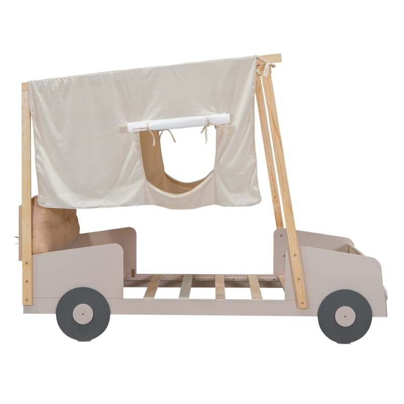 [Luckynote]Wood Twin Size Car Bed with Pillow, Ceiling Cloth and LED, Natural