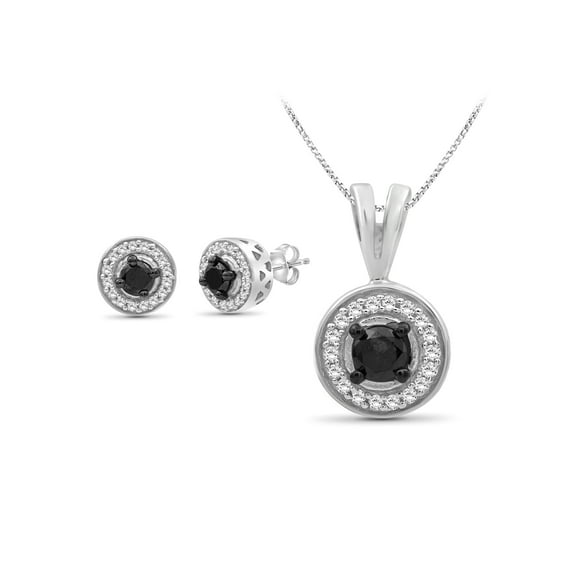 JewelersClub 2-Piece 1/2 Carat Black & White Diamond Sterling Silver Earrings Set, Sterling Silver Necklace, – Halo Shaped Jewelry – Jewelry Sets for Women – Birthday Gifts by JewelersClub