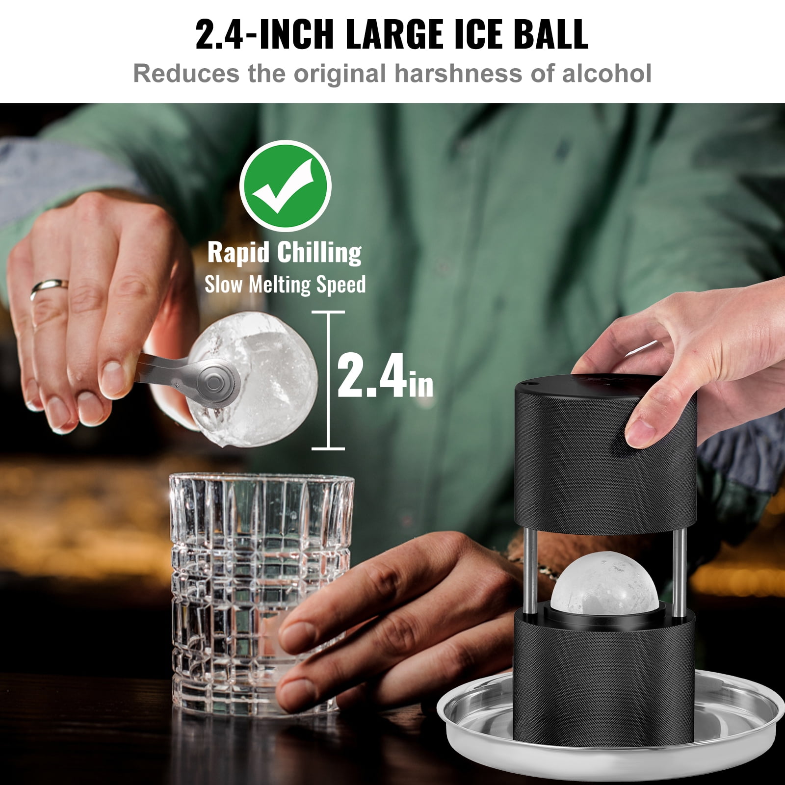 VEVOR Ice Ball Press, 2.4" Ice Ball Maker, Aircraft Al Alloy Ice Ball Press Kit for 60mm Ice Sphere, Ice Press with Tong and Drip Tray, for Whiskey, Cocktail, Scot on Party & Holiday, Black
