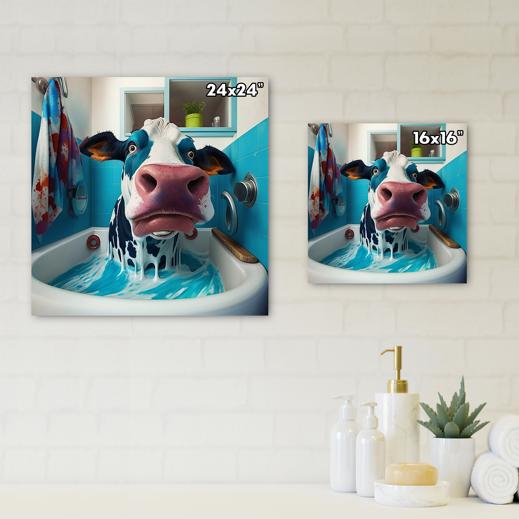 Designart Cartoon Cow Splashing In The Tub I Canvas Wall Art