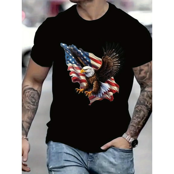 Men's Patriotic Bald Eagle Graphic T-Shirt - American Flag Design, Black Cotton Round Neck Tee for Summer, Casual Streetwear Style, Machine Washable