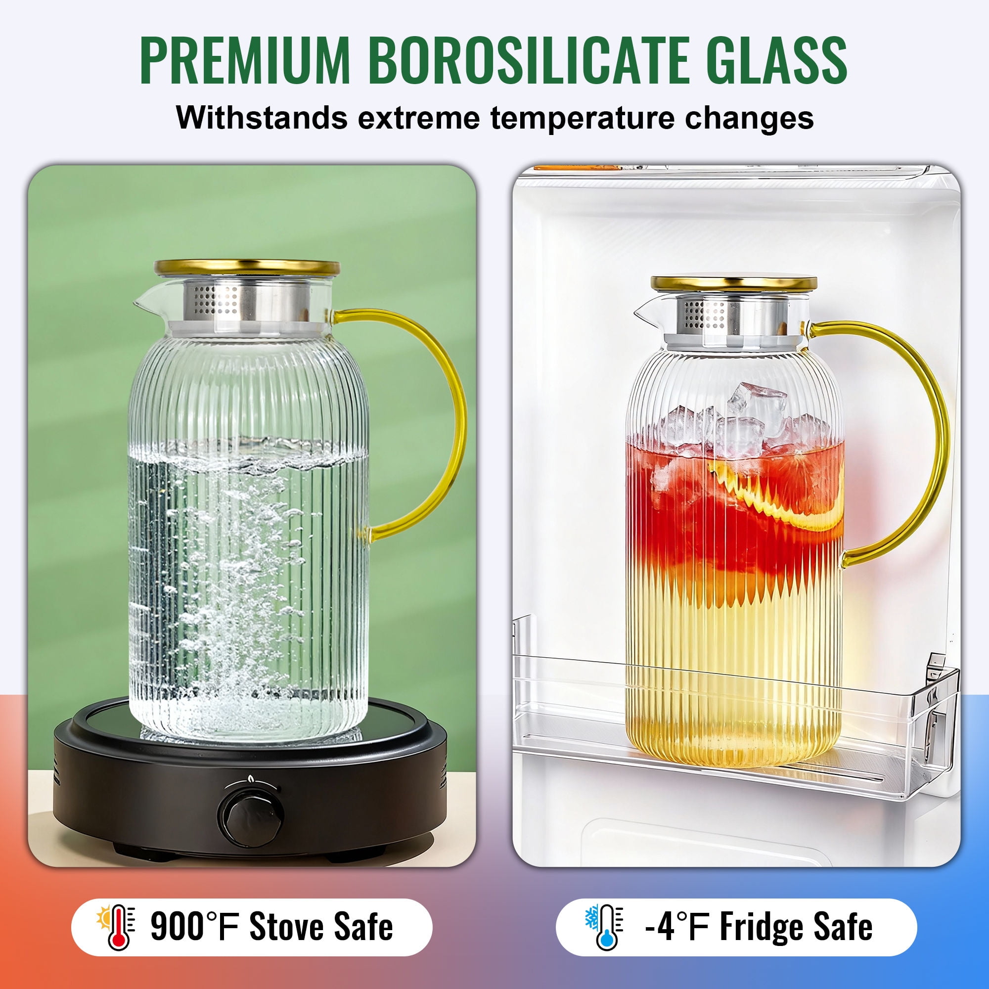 Soulgenix Glass Pitcher, 68oz Pitchers with Lid and Handle-2Pack, Glass Carafe for Hot/Cold Water, Large Iced Tea Pitcher for Coffee, Juice and Homemade Beverage