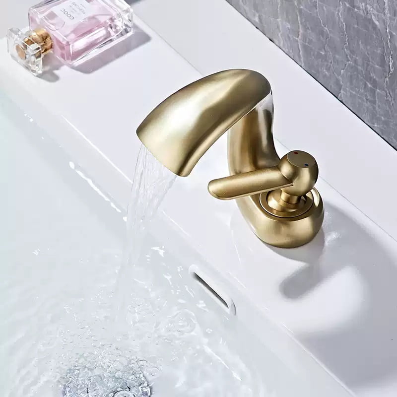 SOKNARKU Bathroom Sink Basin Waterfall Faucet Brass Deck Mount Single Hole Single Handle Cold And Hot Mixed Modern Creative Design Tap Including Two US Standard 3/8 Hoses Brushed Gold