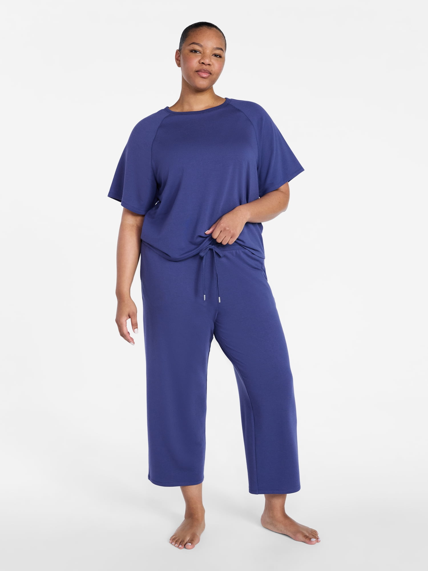 Joyspun Women's French Terry Lounge Sleep Short Sleeve Top and Capri Pants Set, 2 Piece, Sizes XS-3X
