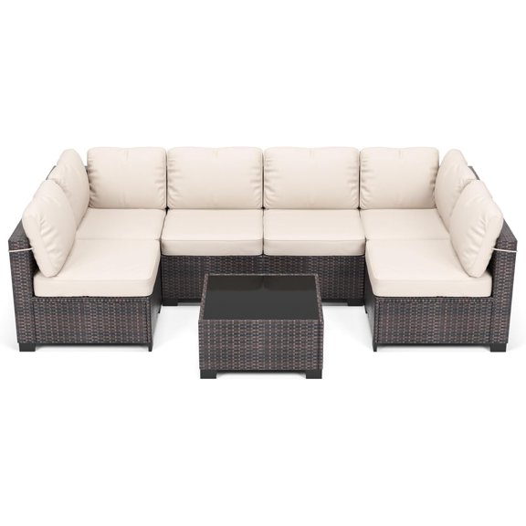 7-Piece Outdoor Patio Sectional Sofa Set, All-Weather PE Rattan Conversation Furniture with Thick Cushions & Glass Coffee Table, Waterproof for Garden Balcony Porch – Brown