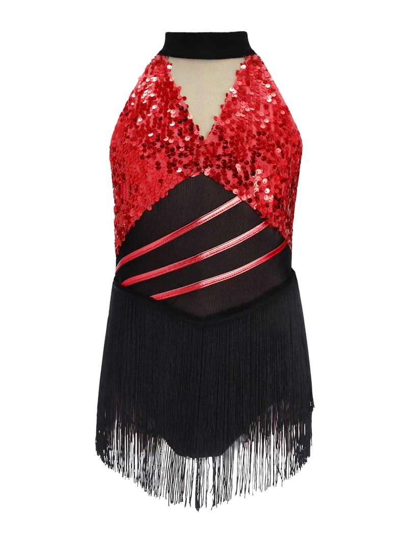 jazz sequin halter dress Haitryli Girls Tassel Latin Dance Sleeveless Keyhole Back Hip-hop Dress For Talent Show Red 14, Girl's, Gold Carver Queally