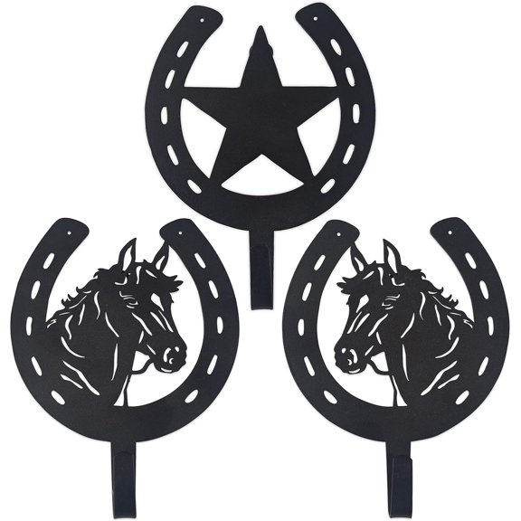 3PCS Horse Star Rustic Ranch Horse Head Hook Coat Hooks, Key Hooks
