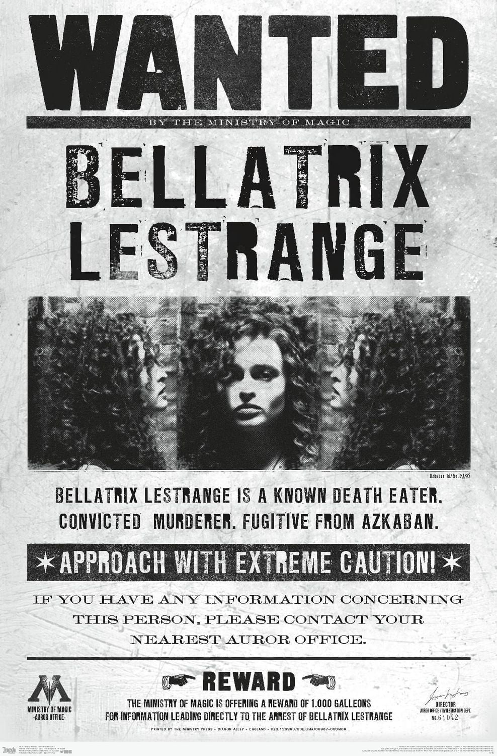 The Wizarding World: Harry Potter - Bellatrix Wanted Poster Wall Poster, 14.725" x 22.375"