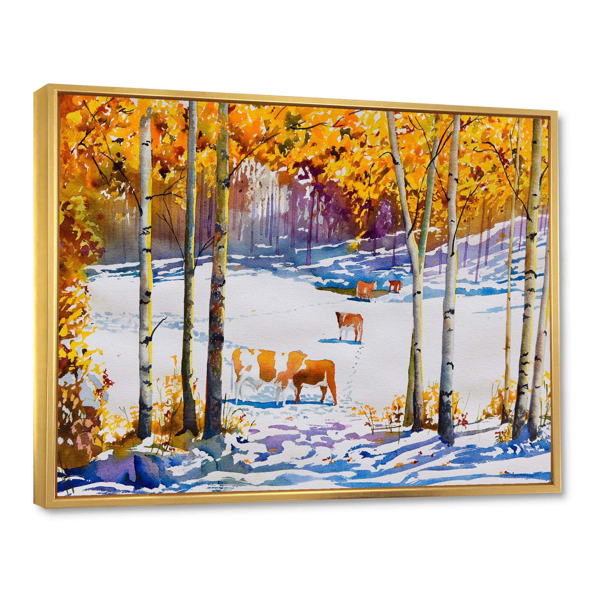 Designart 'Cattles In The Early Snow In The Tree Forest' Farmhouse Framed Canvas Wall Art Print