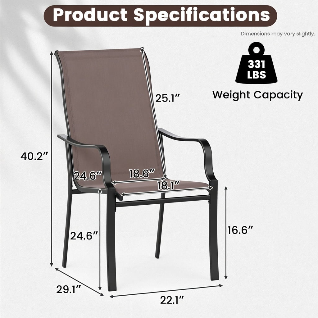 Hommoo 2-Pack Outdoor Dining Chairs, Wide Seat, Heavy-Duty Metal Frame, Breathable Mesh Back, Patio Chairs for Deck, Garden, Porch, Brown & Black