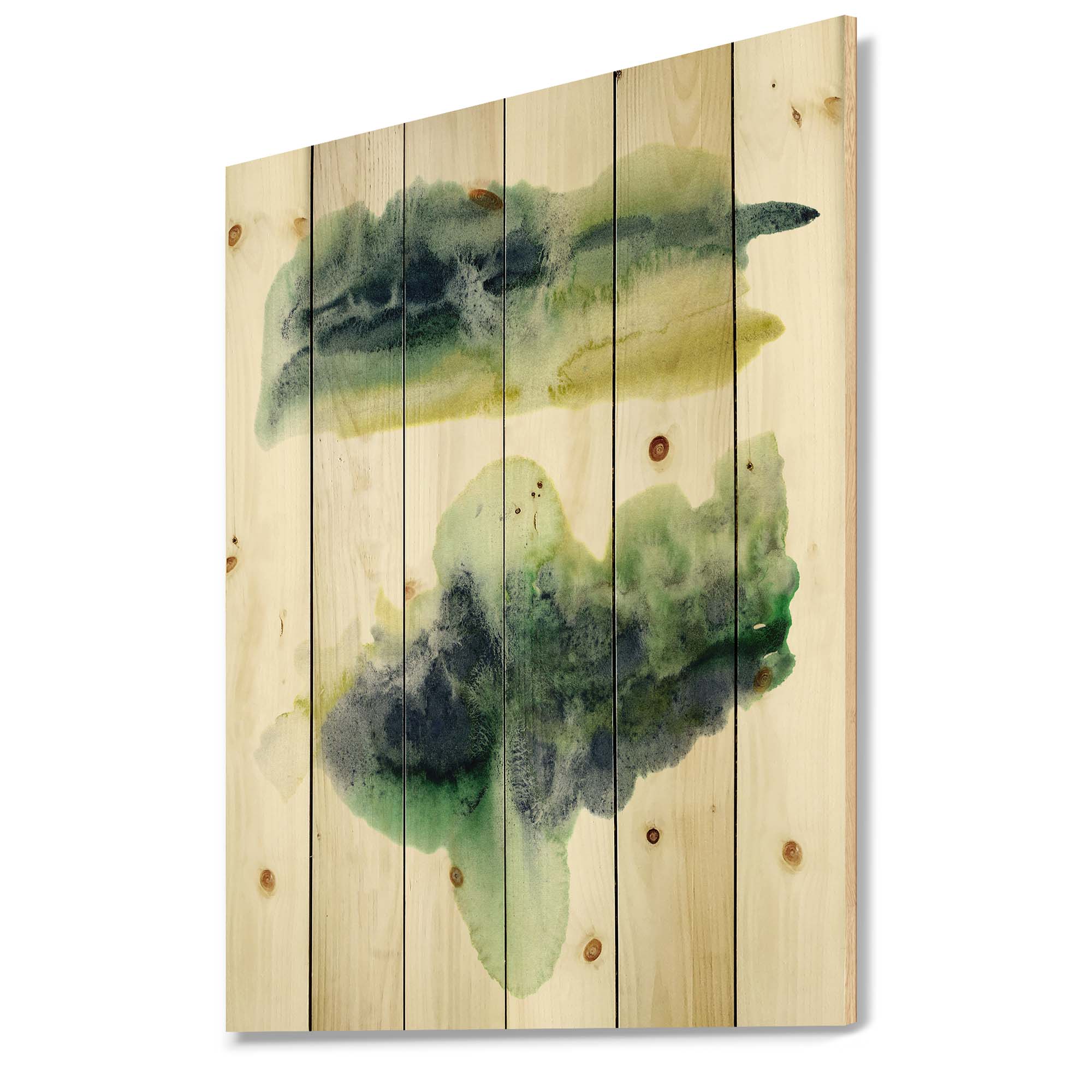 Designart 'Golden Green Abstract Clouds IV' Modern Print on Natural Pine Wood