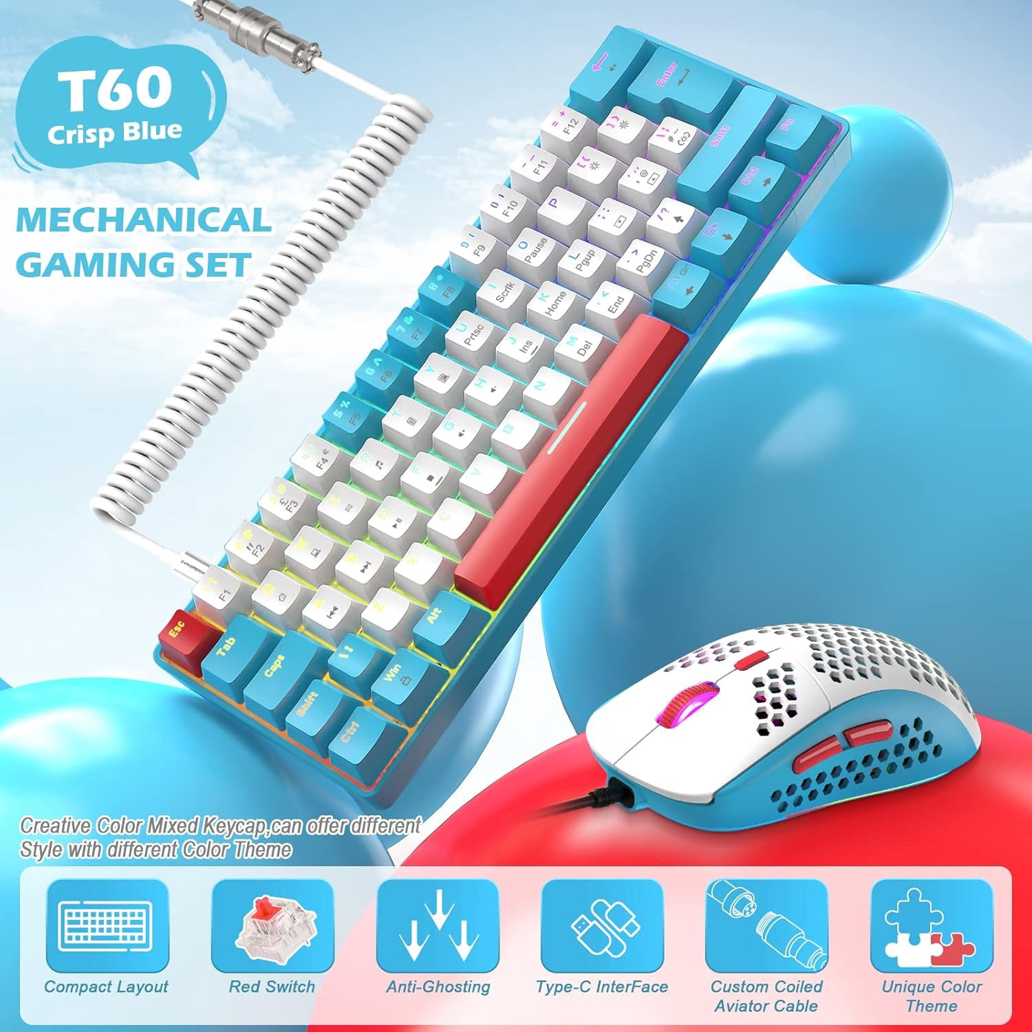 ZIYOULANG T60 Wired Mechanical Gaming Keyboard and Mouse Combo Mini Portable Rainbow Backlit 62 Keys 6400DPI RGB Beehive Mouse Coil Pilot C-Line for PS4/PC/WIN Gamers (Blue/Red Switch)
