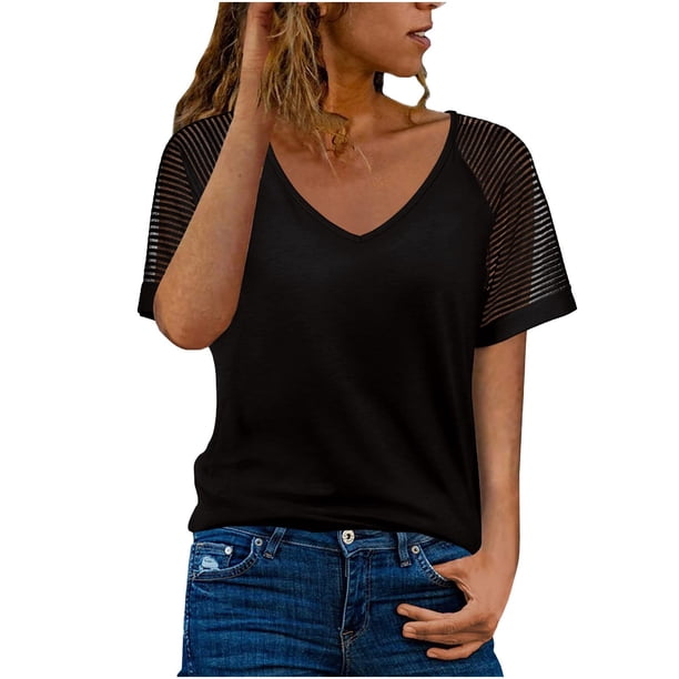 Blusa informal de manga corta con cuello en V para mujer OAVQHLG3B Store lin121212